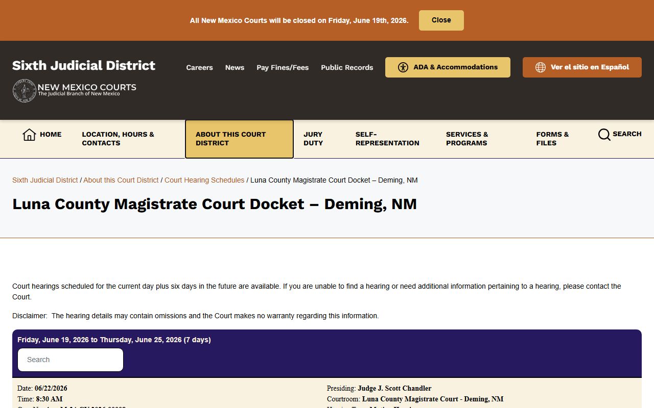 Luna County court dockets Magistrate Court docket page