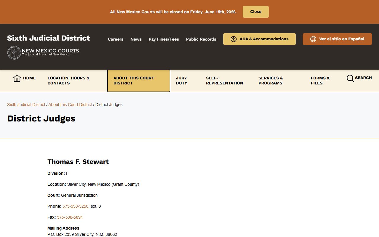 Luna County District Court records Sixth Judicial District judges page