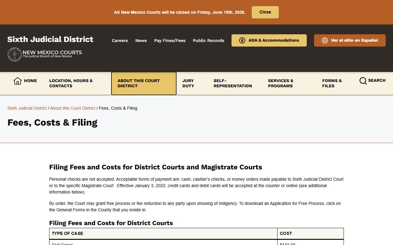 Luna County District Court records Sixth Judicial District fees and filing costs