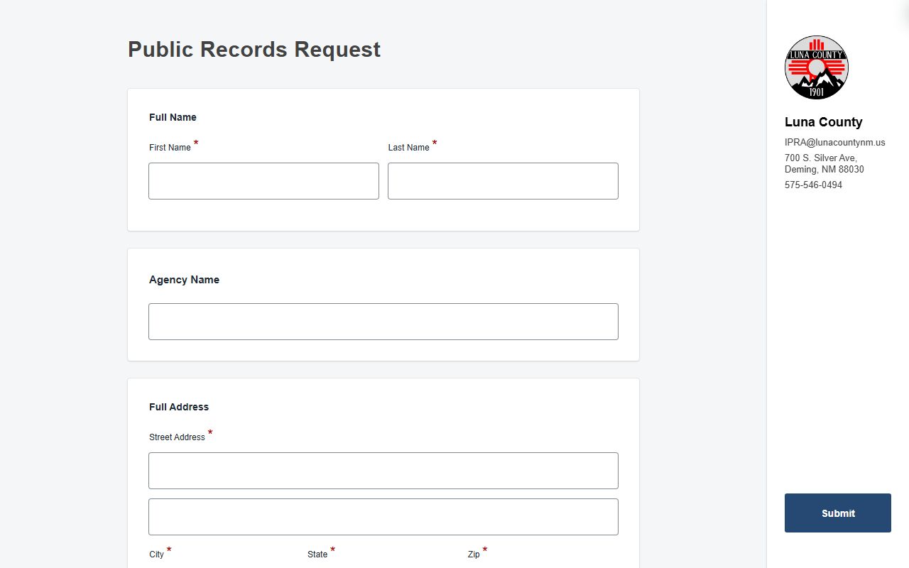 Luna County probate records public data request form